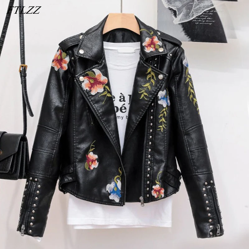 Chris - weich Leder Jacke mit herbstlichem floralem Druck und Niete Kunst Stickerei