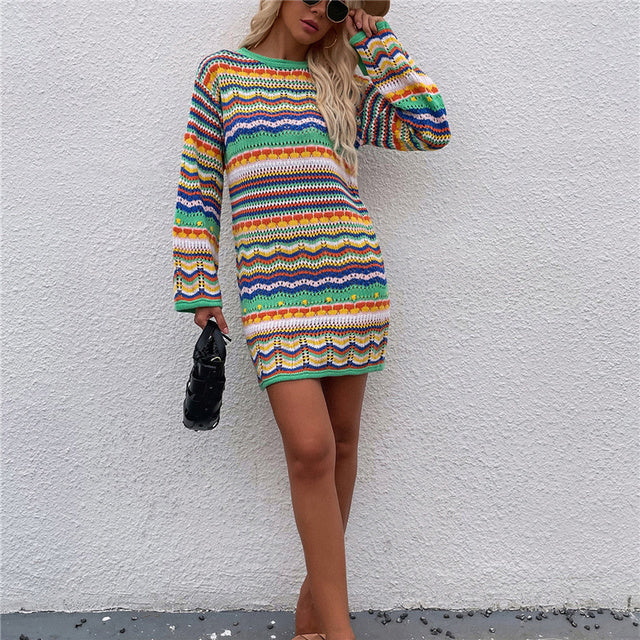 Riya - Farbenfrohes Langarm-Strickkleid für Damen