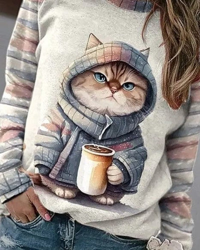 Pullover mit Katzenprint für Damen